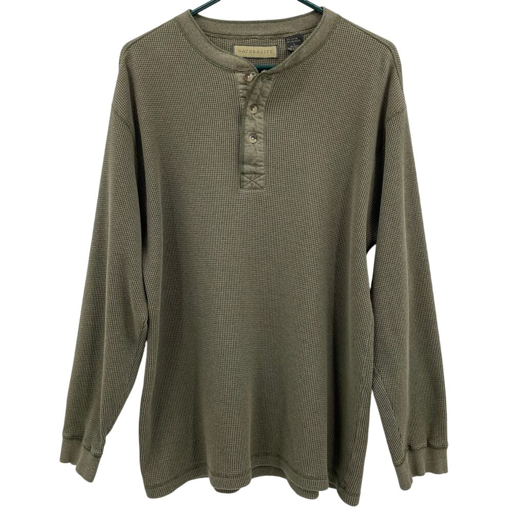 Natural Life Men's Waffle Knit Henley Shirt, Green, Sz.‎ L, Lightweight
